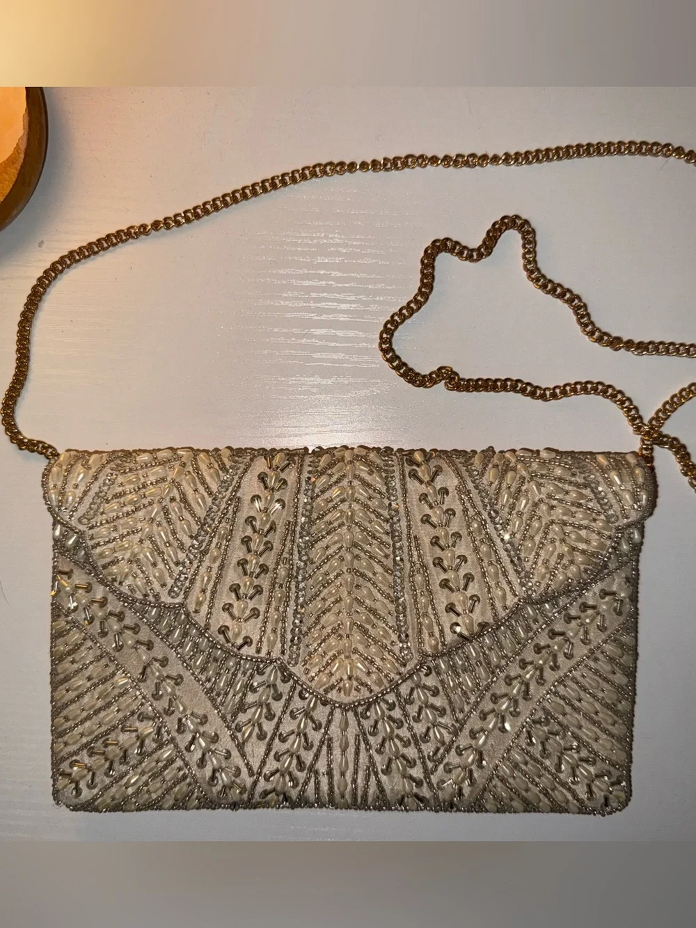 Lulu's Ivory Beaded Clutch with Gold Chain Strap